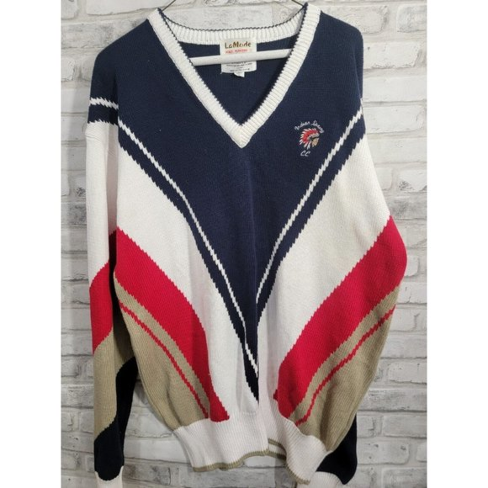 La Mode V-Neck Sweater Indian Springs Country Club Marlton NJ Red‎ Blue Large